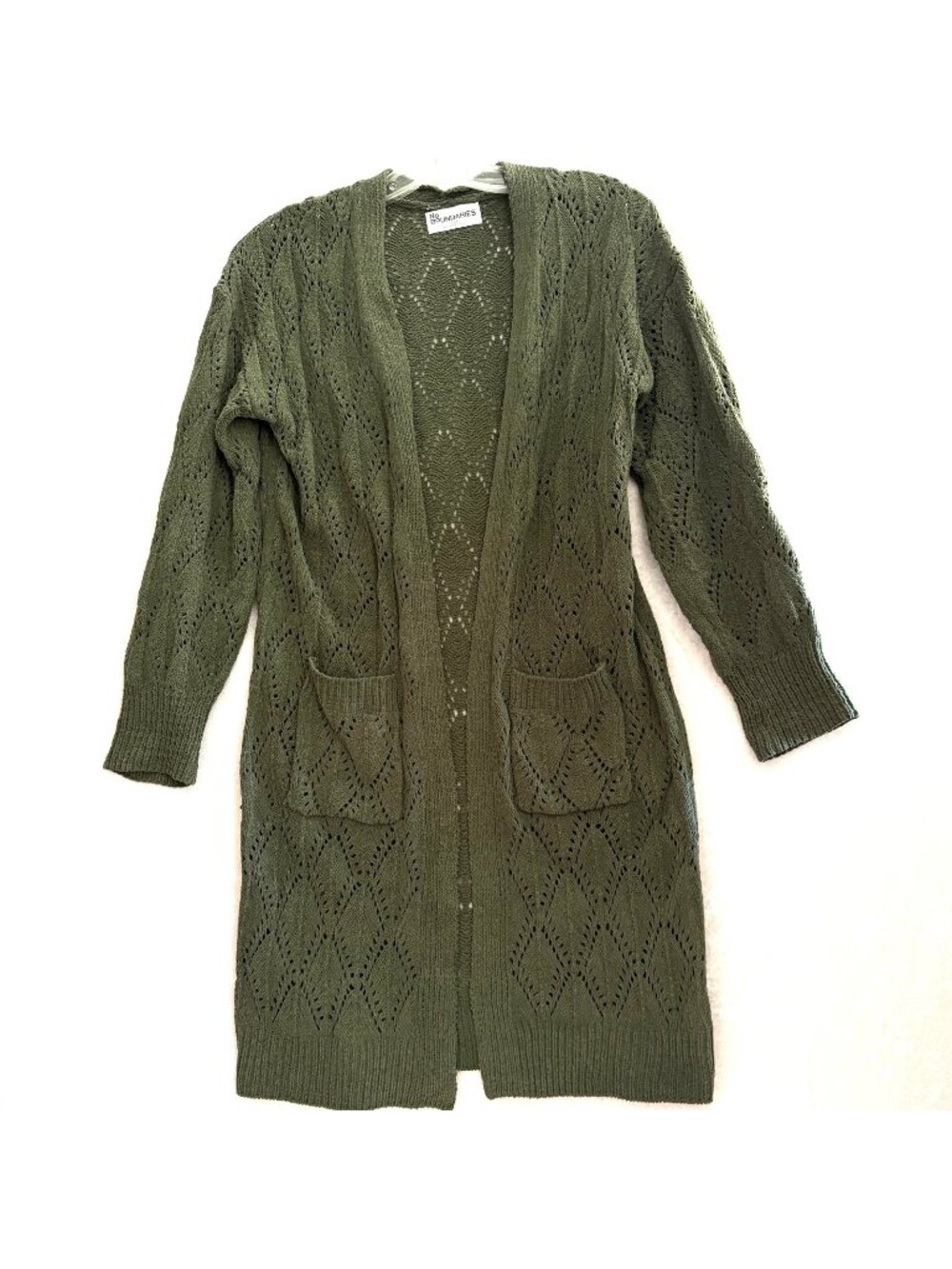 NO BOUNDARIES Long Crocheted Cardigan Duster Womens XS Oversized Olive Green